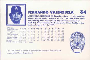 1983 Los Angeles Dodgers Police #NNO Fernando Valenzuela Back
