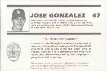1987 Los Angeles Dodgers Police #4 Jose Gonzalez Back