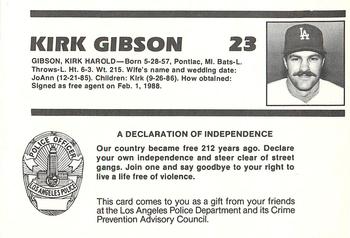 1988 Los Angeles Dodgers Police #NNO Kirk Gibson Back