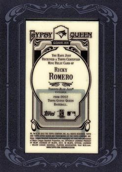 2012 Topps Gypsy Queen - Framed Mini Relics #GQMR-RR Ricky Romero  Back