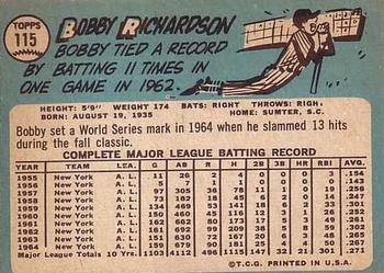 1965 Topps #115 Bobby Richardson Back