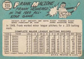 1965 Topps #315 Frank Malzone Back