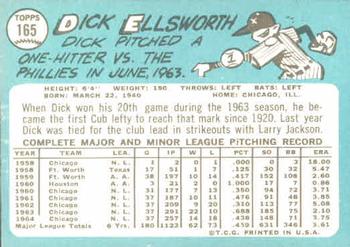 1965 Topps #165 Dick Ellsworth Back