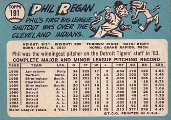 1965 Topps #191 Phil Regan Back