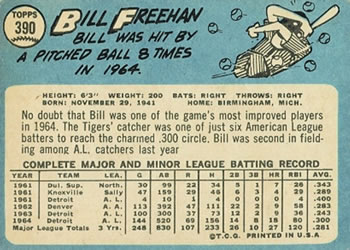 1965 Topps #390 Bill Freehan Back