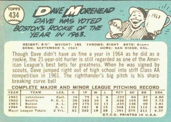 1965 Topps #434 Dave Morehead Back