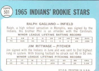 1965 Topps #501 Indians 1965 Rookie Stars (Ralph Gagliano / Jim Rittwage) Back