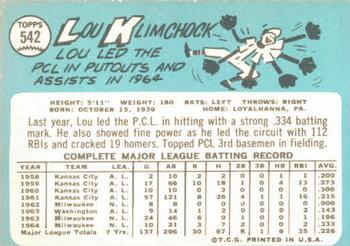 1965 Topps #542 Lou Klimchock Back