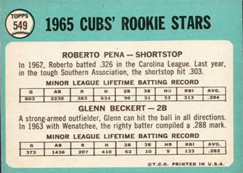 1965 Topps #549 Cubs 1965 Rookie Stars (Roberto Pena / Glenn Beckert) Back