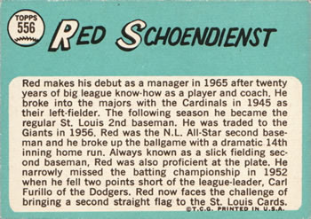 1965 Topps #556 Red Schoendienst Back