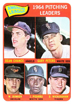 1965 Topps #9 American League 1964 Pitching Leaders (Dean Chance / Gary Peters / Wally Bunker / Juan Pizarro / Dave Wickersham) Front
