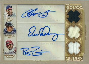 2012 Topps Gypsy Queen - Triple Relic Autographs #GTAR-JLZ Chipper Jones / Evan Longoria / Ryan Zimmerman  Front