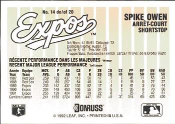 1992 Donruss Durivage Bread Montreal Expos #14 Spike Owen Back