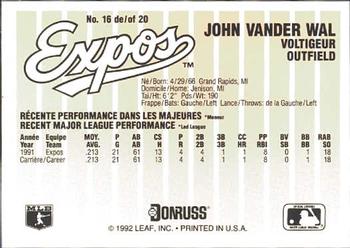 1992 Donruss Durivage Bread Montreal Expos #16 John Vander Wal Back