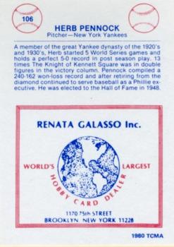 1977-84 Galasso Glossy Greats #106 Herb Pennock Back