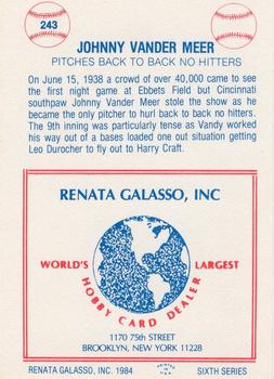 1977-84 Galasso Glossy Greats #243 Johnny Vander Meer Back