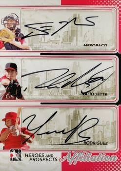 2011 In The Game Heroes & Prospects - Affiliation Autographs Silver #AF-06 Devin Mesoraco / Philippe Valiquette / Yorman Rodriguez Front