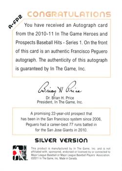 2011 In The Game Heroes & Prospects - Close Up Autographs Silver #A-FP2 Francisco Peguero Back