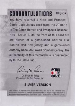 2011 In The Game Heroes & Prospects - Heroes And Prospects Dual Jerseys Silver #HPJ-07 Carlton Fisk / Anthony Ranaudo Back