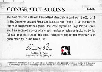 2011 In The Game Heroes & Prospects - Heroes Jerseys Silver #HM-07 Tony Gwynn Back