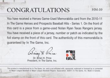 2011 In The Game Heroes & Prospects - Heroes Jerseys Silver #HM-10 Nolan Ryan Back