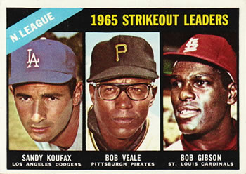 1966 Topps #225 National League 1965 Strikeout Leaders (Sandy Koufax / Bob Veale / Bob Gibson) Front