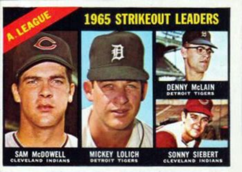 1966 Topps #226 American League 1965 Strikeout Leaders (Sam McDowell / Mickey Lolich / Denny McLain / Sonny Siebert) Front