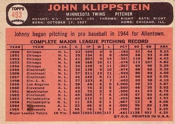 1966 Topps #493 Johnny Klippstein Back