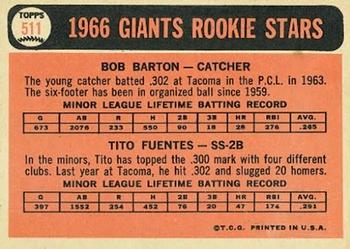 1966 Topps #511 Giants 1966 Rookie Stars (Bob Barton / Tito Fuentes) Back
