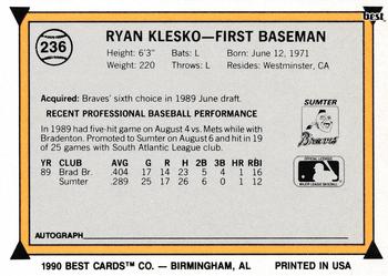 1990 Best #236 Ryan Klesko Back