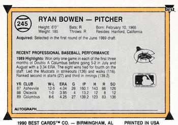 1990 Best #245 Ryan Bowen Back