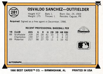 1990 Best #281 Osvaldo Sanchez Back
