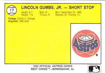 1990 Best Auburn Astros #17 Lincoln Gumbs  Back