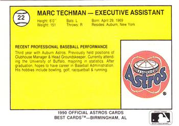 1990 Best Auburn Astros #22 Marc Techman Back