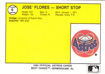 1990 Best Auburn Astros #6 Jose Flores Back