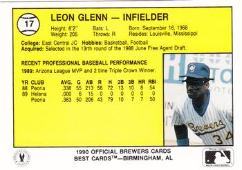 1990 Best Beloit Brewers #17 Leon Glenn  Back