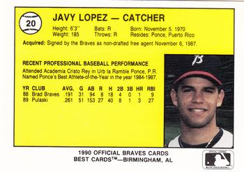 1990 Best Burlington Braves #20 Javy Lopez  Back