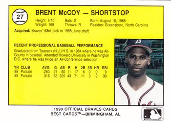 1990 Best Burlington Braves #27 Brent McCoy  Back
