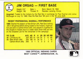 1990 Best Canton-Akron Indians #9 Jim Orsag  Back