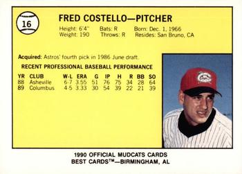1990 Best Columbus Mudcats #16 Fred Costello  Back