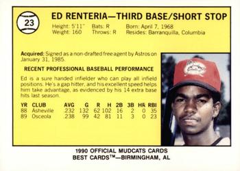 1990 Best Columbus Mudcats #23 Ed Renteria Back