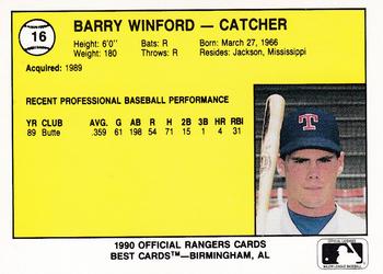 1990 Best Gastonia Rangers #16 Barry Winford  Back