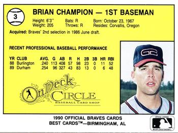 1990 Best Greenville Braves #3 Brian Champion  Back