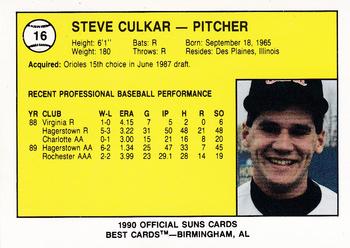 1990 Best Hagerstown Suns #16 Steve Culkar  Back