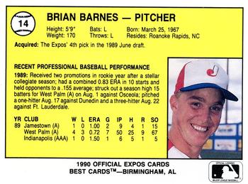 1990 Best Jacksonville Expos #14 Brian Barnes  Back