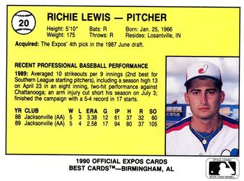 1990 Best Jacksonville Expos #20 Richie Lewis  Back
