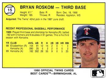 1990 Best Kenosha Twins #15 Bryan Roskom  Back