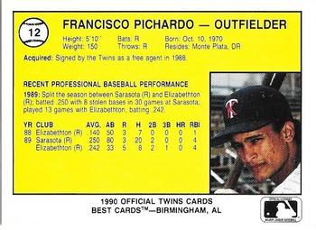 1990 Best Kenosha Twins #12 Francisco Pichardo  Back