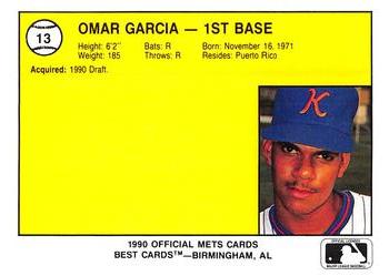1990 Best Kingsport Mets #13 Omar Garcia  Back
