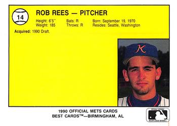 1990 Best Kingsport Mets #14 Rob Rees  Back